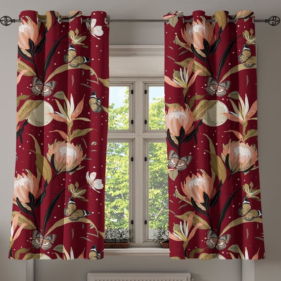 Ambesonne Nature Grommet Curtain, Art Butterfly Protea Flower, 50"x63", Pale Camel Maroon and Black