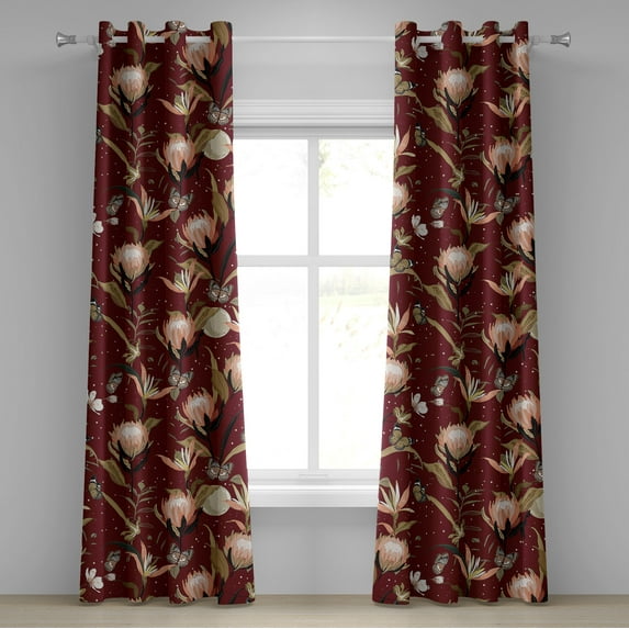 Ambesonne Nature Grommet Curtain, Art Butterfly Protea Flower, 50"x96", Pale Camel Maroon and Black