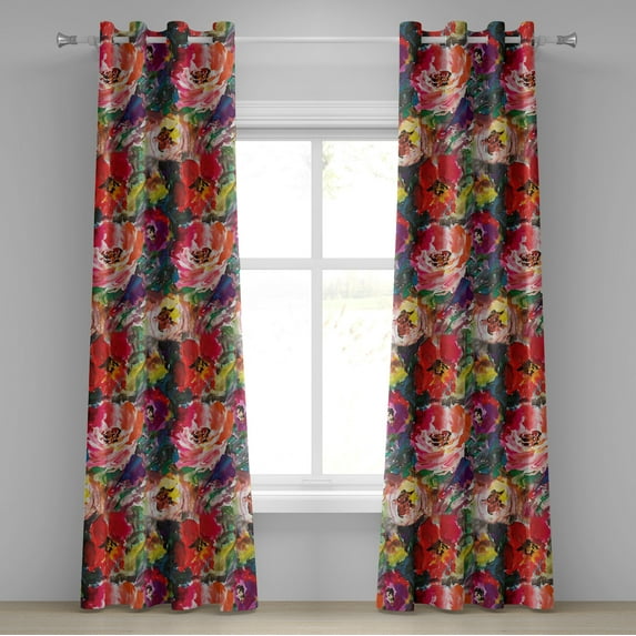 Ambesonne Nature Grommet Curtain, Blooming Poppy Print Garden, 50"x84", Dark Coral and Multicolor