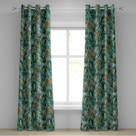 Ambesonne Nature Grommet Curtain, Fir Leaves and Cones Art, 50"x72", Hunter Green Fawn Umber