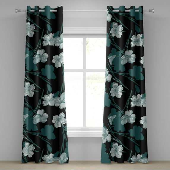 Ambesonne Nature Grommet Curtain, Flower Silhouette Abstract, 50"x108", Dark Cadet Blue and Grey