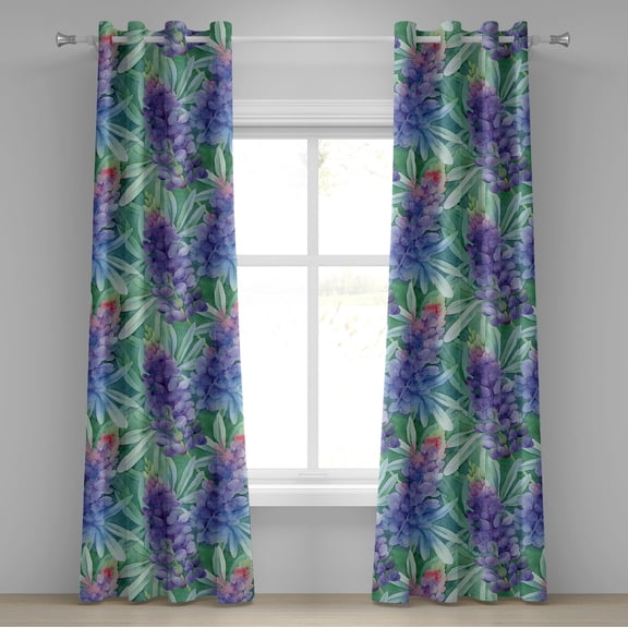 Ambesonne Nature Grommet Curtain, Garden Botany Lupine Sketch, 50"x96", Fern Green and Violet
