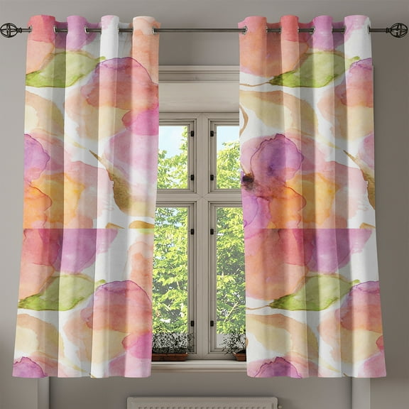 Ambesonne Nature Grommet Curtain, Garden Print Flower Pattern, 50"x60", Pink Peach and Pastel Green