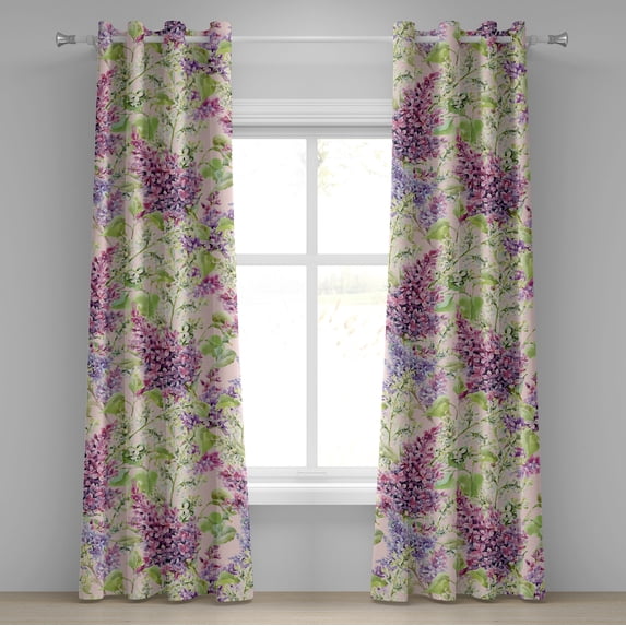 Ambesonne Nature Grommet Curtain, Lilac Flowers Watercolor Art, 50"x72", Pistachio Green and Pale Pink