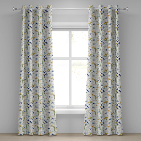 Ambesonne Nature Grommet Curtain, Poppies Daisies Rural, 50" x 120", Pale Green Yellow Blue