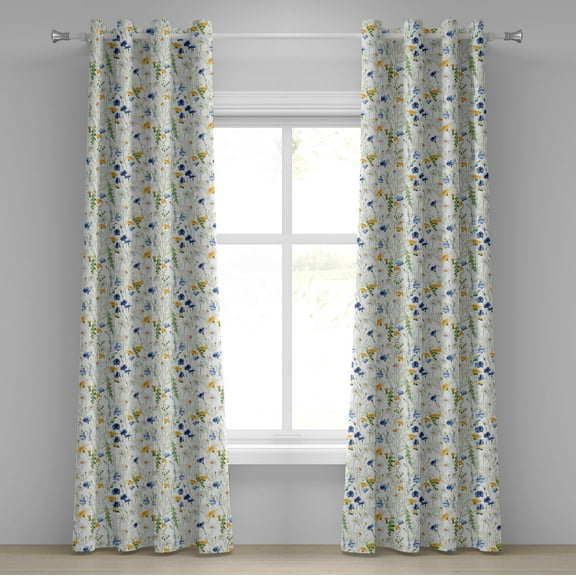 Ambesonne Nature Grommet Curtain, Poppies Daisies Rural, 50" x 84", Pale Green Yellow Blue