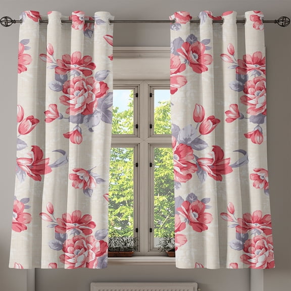 Ambesonne Nature Grommet Curtain, Traditional Oriental Roses, 50"x63", Dark Pink Taupe Grey