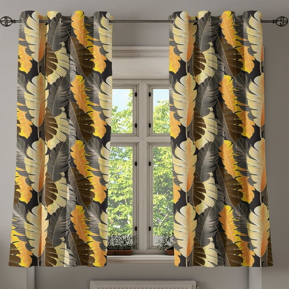 Ambesonne Nature Grommet Curtain, Tropical Leaves Sketch Art, 50"x63", Charcoal Grey Mustard