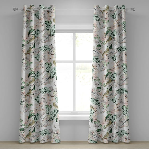 Ambesonne Nature Grommet Curtain, Wild Butterfly Bird Leafy, 50"x72", Ivory Forest Green