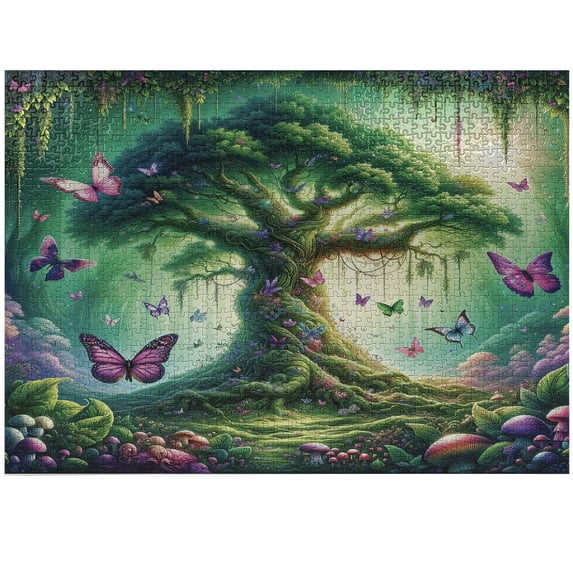 Ambesonne Nature Jigsaw Puzzle, Dreamy Life Tree Butterflies, Heirloom-Quality Fun Activity for Family Durable Cardboard, 1000 pcs, Fern Green Pale Purple