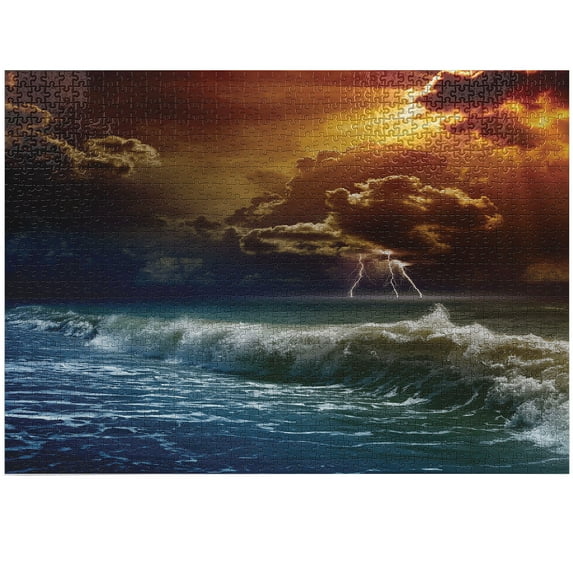 Ambesonne Nature Jigsaw Puzzle, Ocean Wild Waves Art, Heirloom-Quality Fun Activity for Family Durable Cardboard, 1000 pcs, Orange and Blue