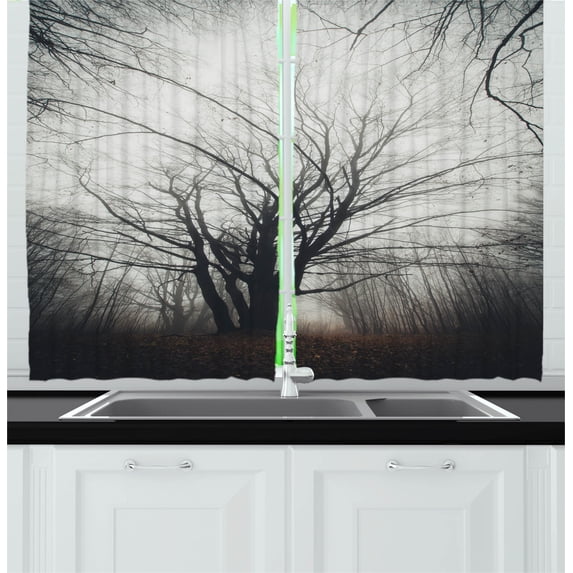 Ambesonne Nature Kitchen Curtains, Autumn Tree in Fog Dark, 55"x39", Grey