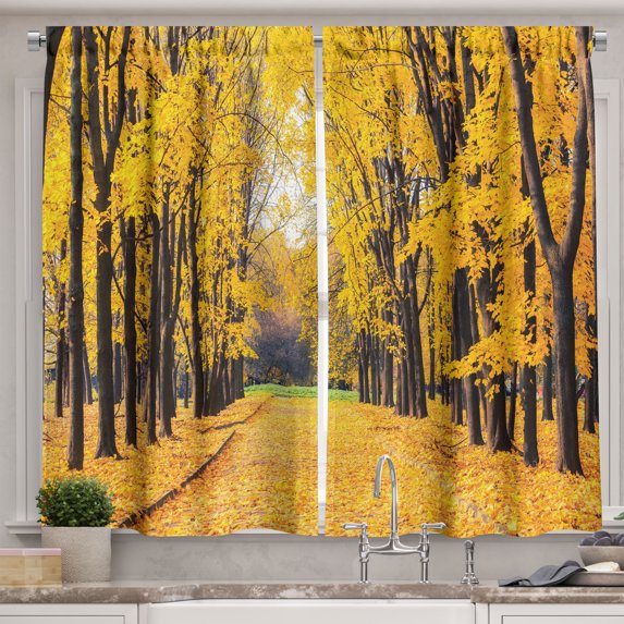 Ambesonne Nature Kitchen Curtains, Autumn Trees Leaves, 55"x39", Yellow and Green