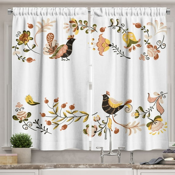 Ambesonne Nature Kitchen Curtains, Bird Berry Flower Leaf Art, 55"x45", Pale Camel Pastel Brown
