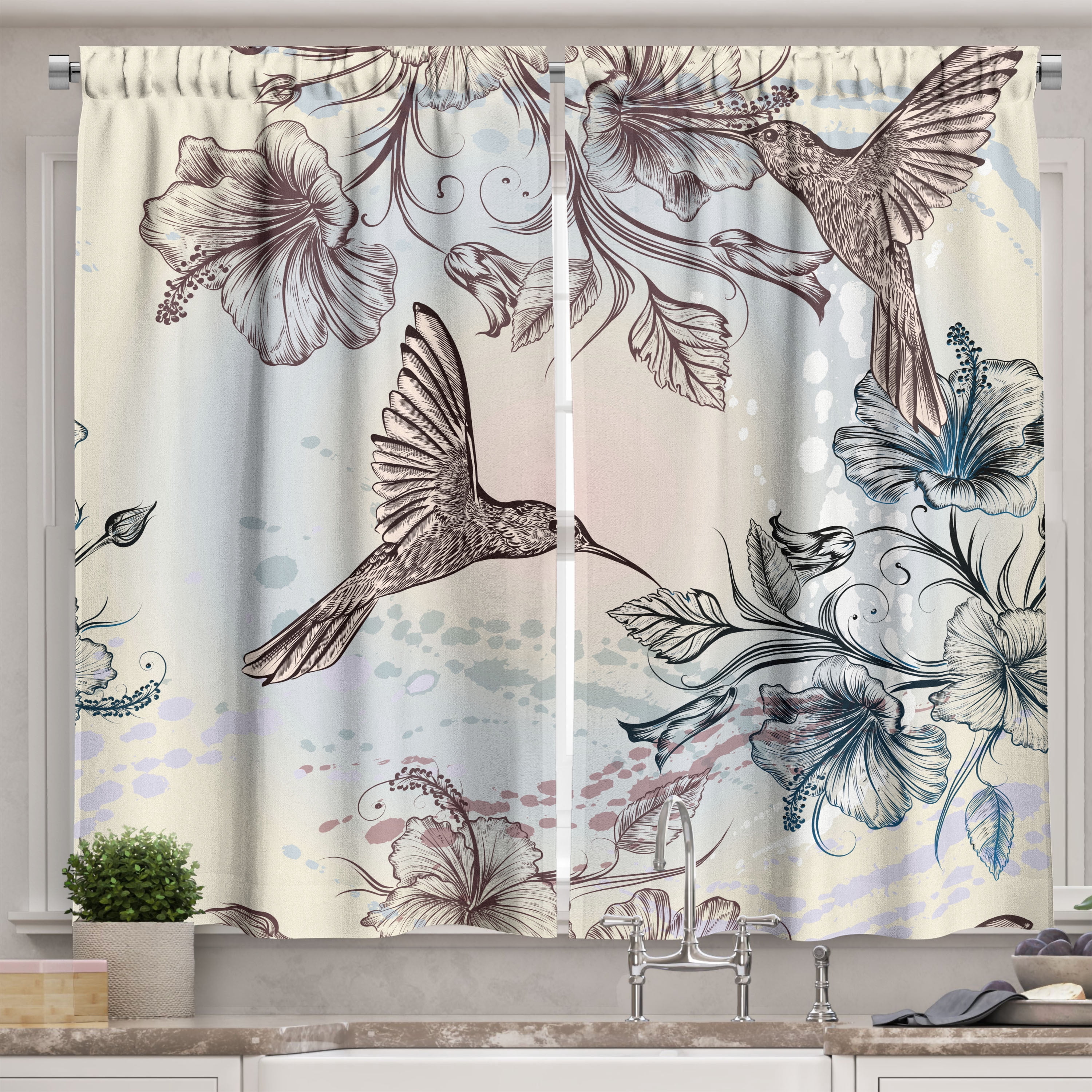 Ambesonne Nature Kitchen Curtains, Birds Hibiscus Flowers, 55"x45