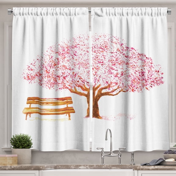 Ambesonne Nature Kitchen Curtains, Blooming Cherry Tree, 55"x45", Pink Brown