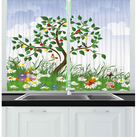 Ambesonne Nature Kitchen Curtains, Cartoon Garden Colorful, 55"x39", Multicolor