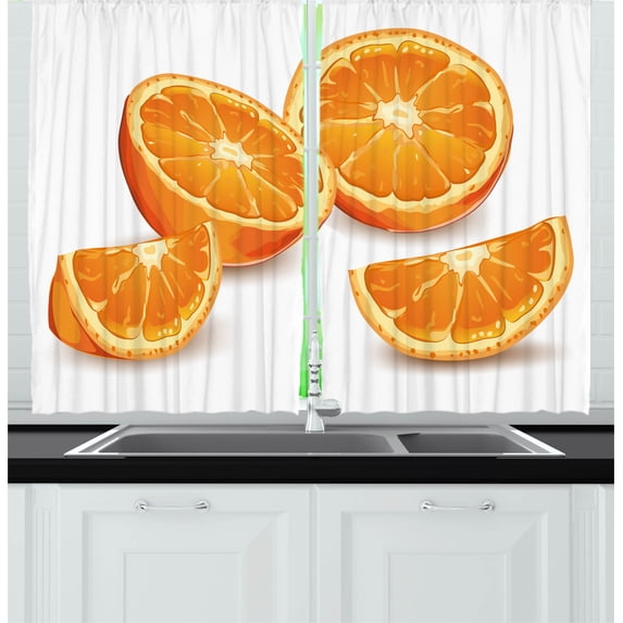 Ambesonne Nature Kitchen Curtains, Citrus Orange Tangerine Art, 55"x45", Marigold and White