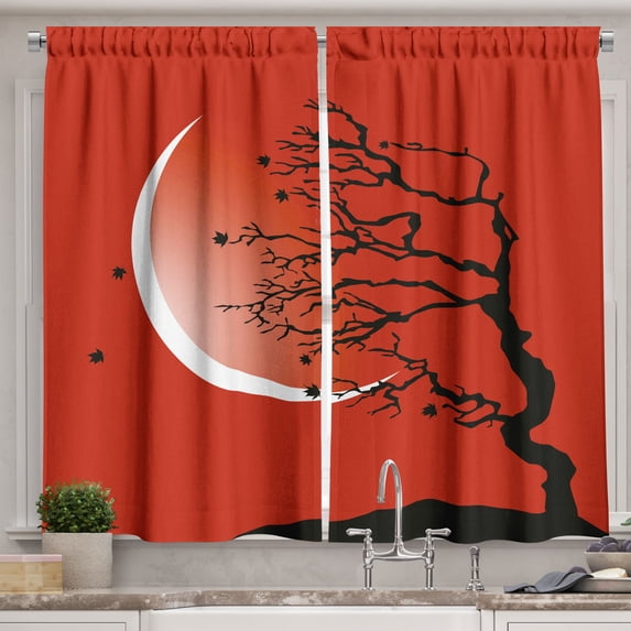 Ambesonne Nature Kitchen Curtains, Digital Scene Tree Moon, 55"x39", Red Black White
