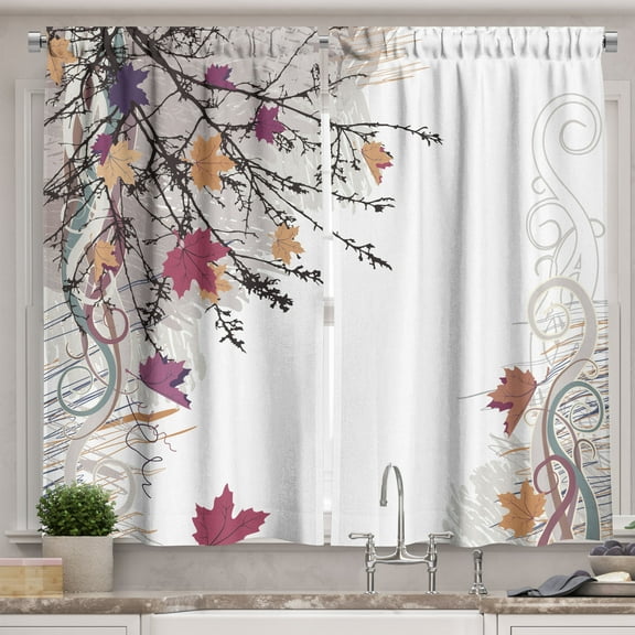 Ambesonne Nature Kitchen Curtains, Fall Earth Tones Autumn Leaf, 55"x30", Pale Fuchsia