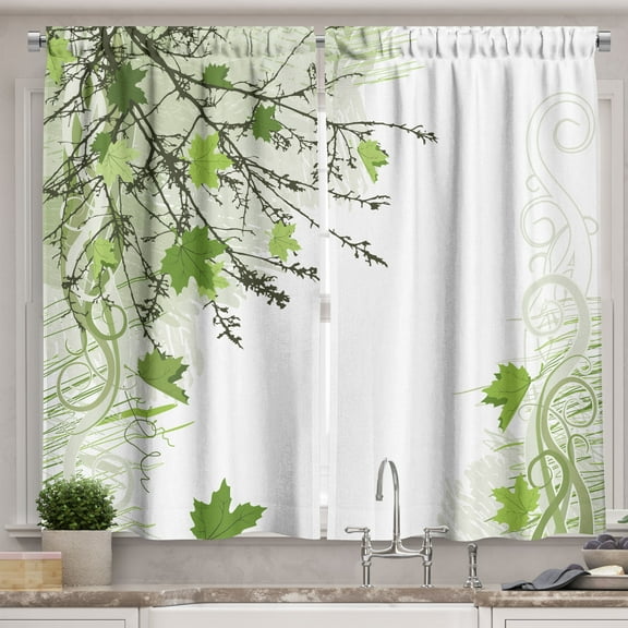 Ambesonne Nature Kitchen Curtains, Fall Earth Tones Autumn Leaf, 55"x45", Lime Green