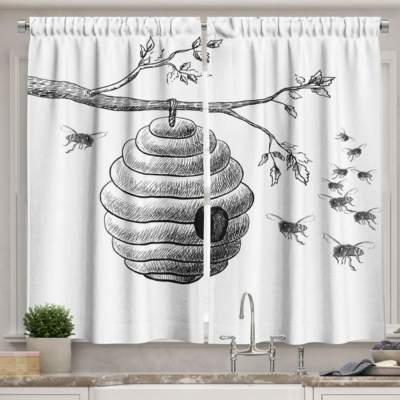 Ambesonne Nature Kitchen Curtains, Hand Drawn Honeycomb, 55"x45", Charcoal Grey White