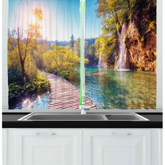 Ambesonne Nature Kitchen Curtains, Idyllic Lake Waterfall, 55"x39", Multicolor