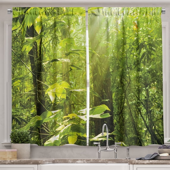 Ambesonne Nature Kitchen Curtains, Leaf Branches Woodland, 55"x39", Lime Green Brown