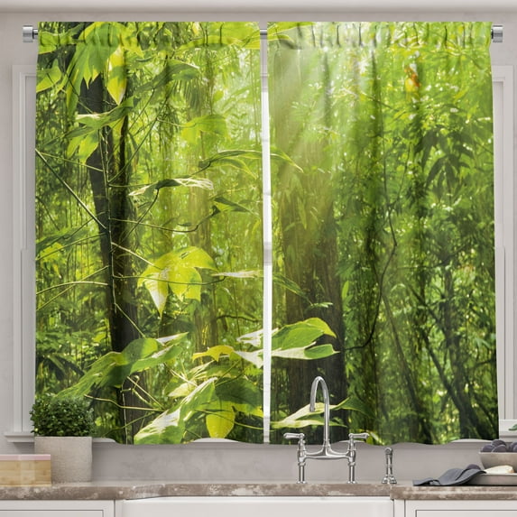 Ambesonne Nature Kitchen Curtains, Leaf Branches Woodland, 55"x45", Lime Green Brown