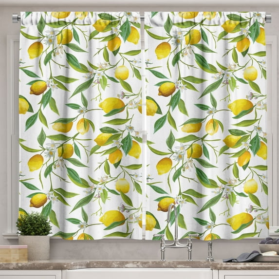 Ambesonne Nature Kitchen Curtains, Lemon Woody Romantic, 55"x39", Fern Green Yellow White