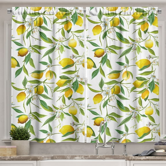 Ambesonne Nature Kitchen Curtains, Lemon Woody Romantic, 55"x45", Fern Green Yellow White