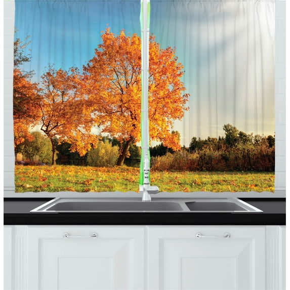 Ambesonne Nature Kitchen Curtains, Maple Tree in Autumn, 55"x45", Orange Blue