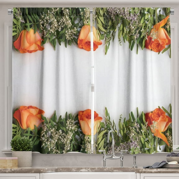 Ambesonne Nature Kitchen Curtains, Orange Roses on Plain Back, 55"x36", Vermilion and Olive Green