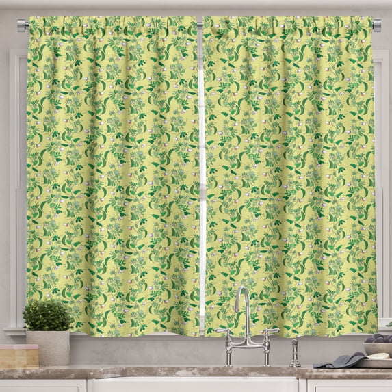 Ambesonne Nature Kitchen Curtains, Pea Leaves Pods PatternArt, 55"x30", Apple Green Lavender Pink