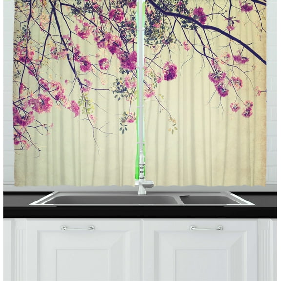 Ambesonne Nature Kitchen Curtains, Sakura Cherry Blooms, 55"x39", Cream Fuchsia Brown