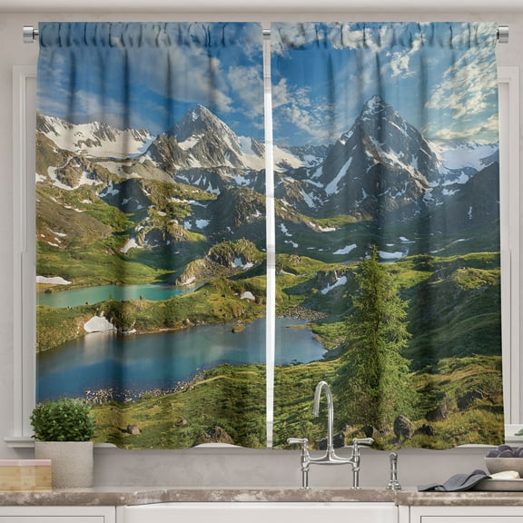 Ambesonne Nature Kitchen Curtains, Snowy Mountain Lake, 55"x30", Multicolor