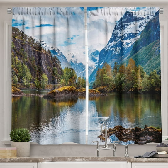 Ambesonne Nature Kitchen Curtains, Snowy Norway Mountains, 55"x39", Multicolor