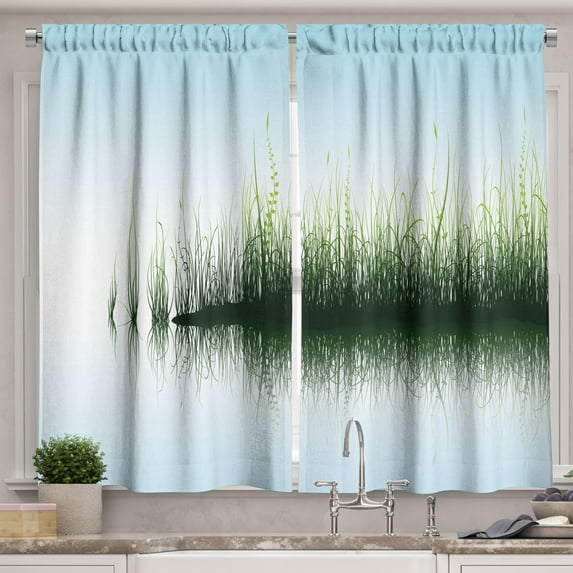 Ambesonne Nature Kitchen Curtains, Spring Time Sunset Lake, 55"x39", Blue and Green