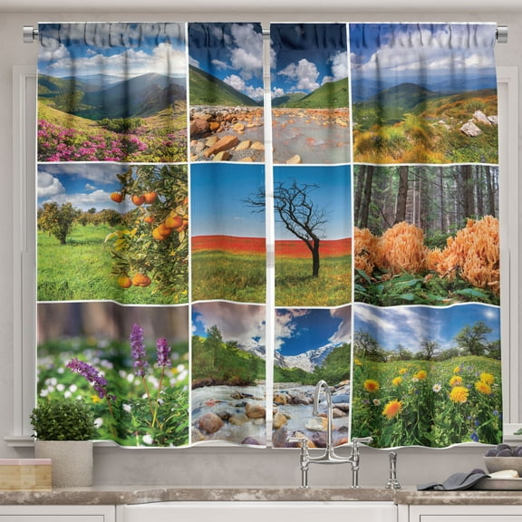 Ambesonne Nature Kitchen Curtains, Springtime Countryside, 55"x24", Multicolor
