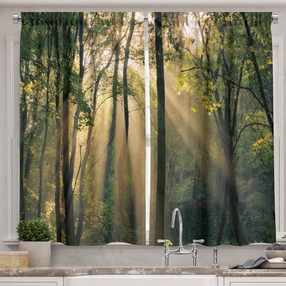 Ambesonne Nature Kitchen Curtains, Summertime Countryside, 55"x45", Green Beige Black