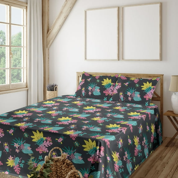 Ambesonne Nature Life Fitted & Flat Sheet with Sham 3 Pcs Set, Colorful Design Jungle, Twin, Mustard and Pastel Pink