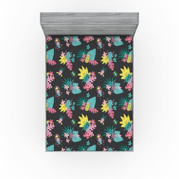 Ambesonne Nature Life Fitted Sheet, Colorful Design Jungle, King Size, Mustard and Pastel Pink