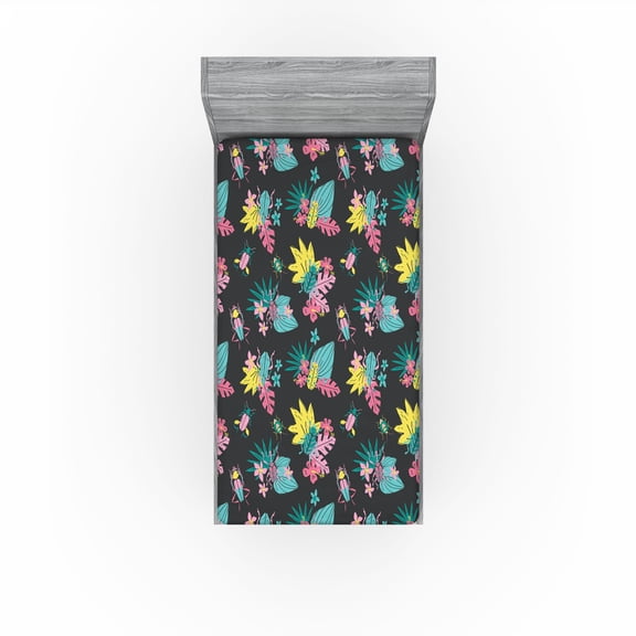 Ambesonne Nature Life Fitted Sheet, Colorful Design Jungle, Twin Size, Mustard and Pastel Pink
