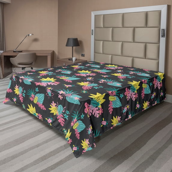 Ambesonne Nature Life Flat Bedding Sheet Soft Top Sheet, Colorful Design Jungle, Full, Mustard and Pastel Pink