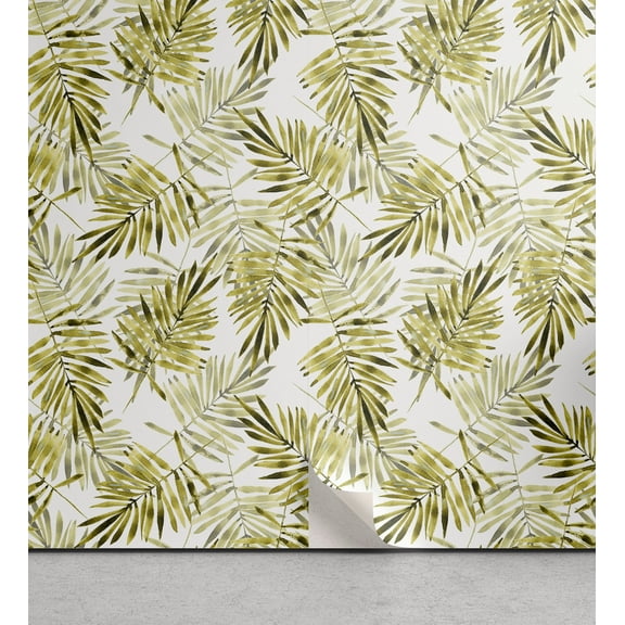 Ambesonne Nature Peel & Stick Wallpaper for Home, Beach Vibe Palm Leaves Art, 13"x36", Pale Olive Green and Khaki