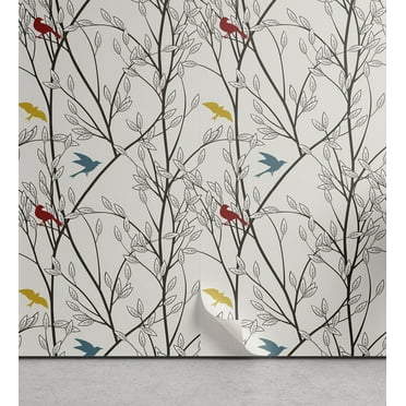 Ambesonne Nature Peel & Stick Wallpaper for Home, Birds Wildlife Cartoon, 13"x72", Mustard Maroon