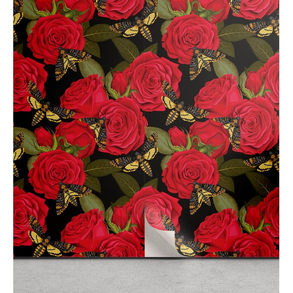 Ambesonne Nature Peel & Stick Wallpaper for Home, Goth Roses and Moths Pattern, 13"x36", Dark Coral Fawn Sepia