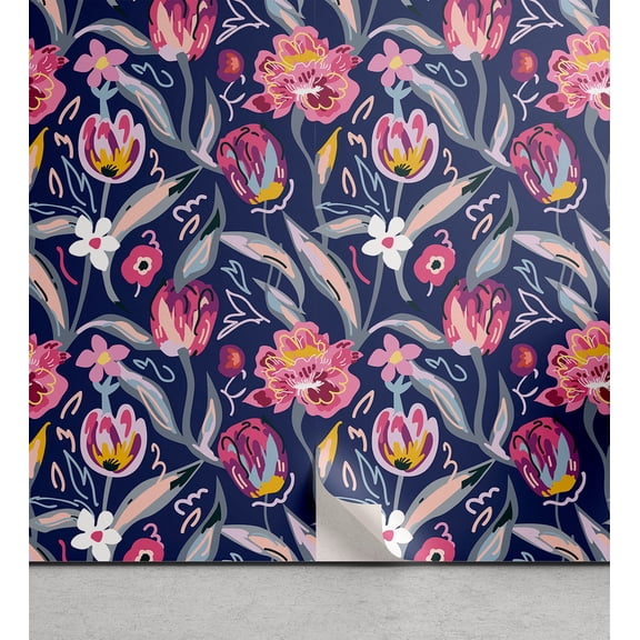 Ambesonne Nature Peel & Stick Wallpaper for Home, Large Colorful Flowers Plot, 13"x36", Pastel Pink Blue Grey