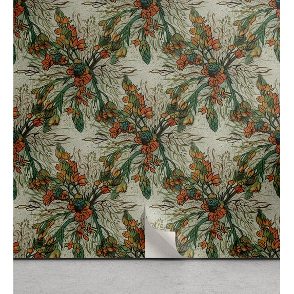 Ambesonne Nature Peel & Stick Wallpaper for Home, Leaves Flowers Watercolor, 13"x36", Pale Orange and Army Green