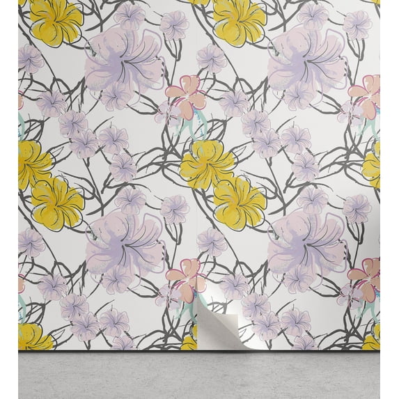 Ambesonne Nature Peel & Stick Wallpaper for Home, Minimal Floral Motif Print, 13"x72", Mustard and Pastel Purple